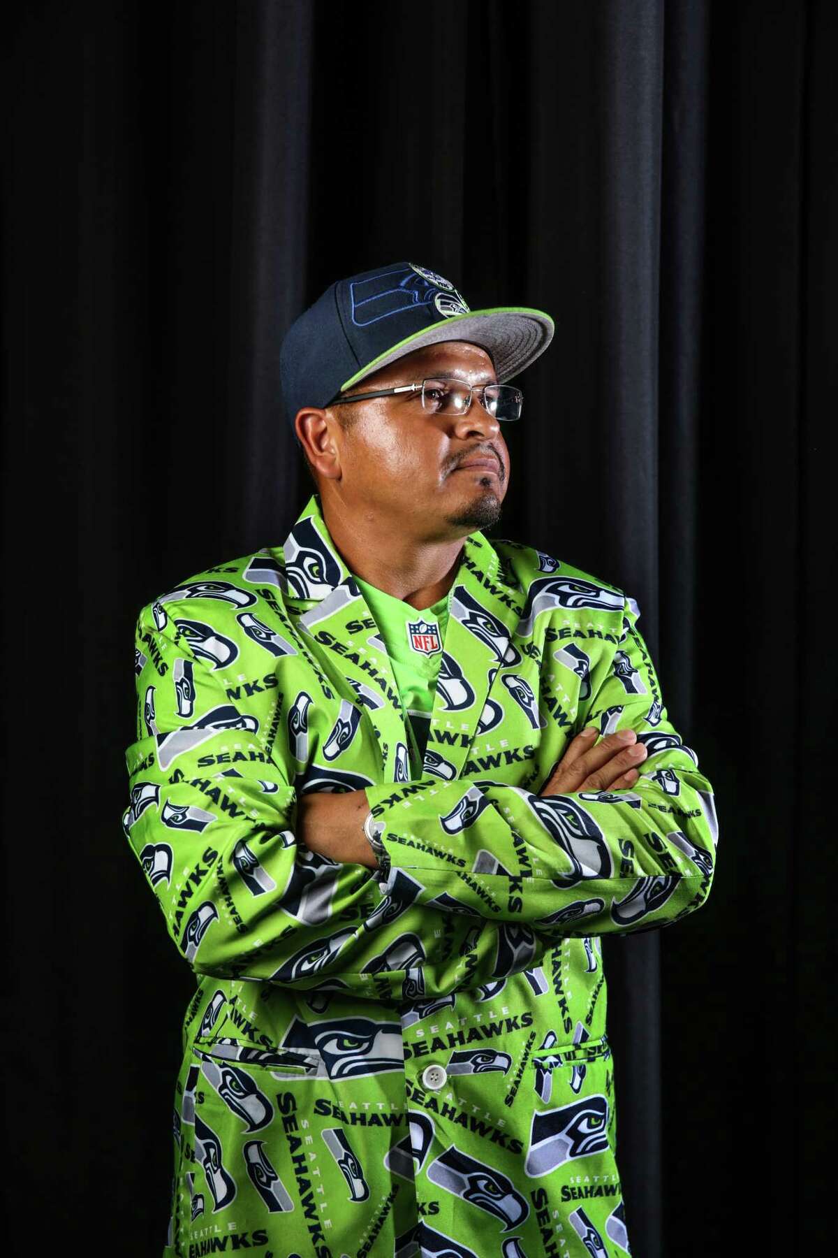 Francisco Esquivel poses for a portrait before a Seahawks game at CenturyLink Field, Aug. 18, 2017.