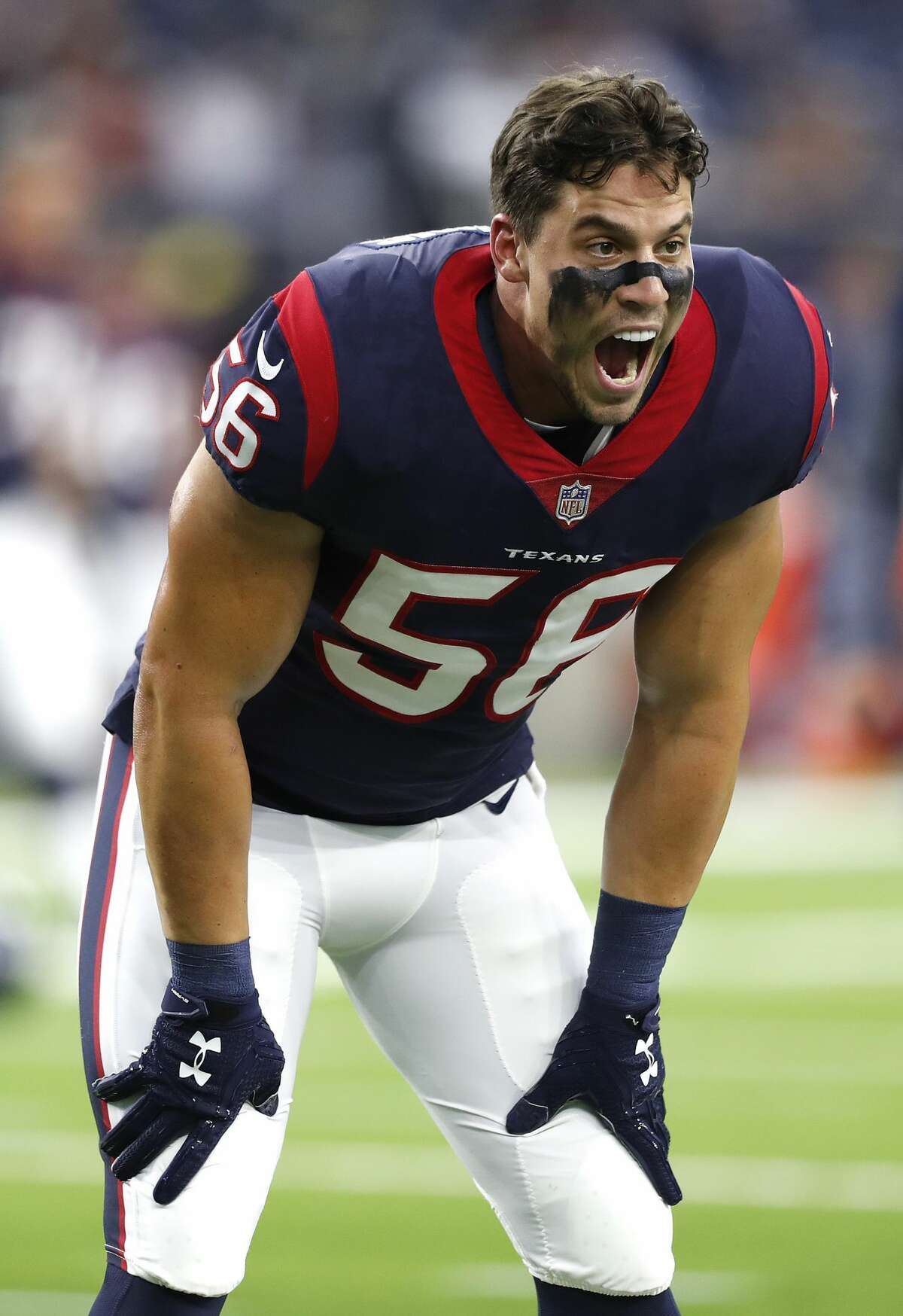 Houston Texans inside linebacker Brian Cushing (56) makes a face to someone on the sideline on the field before the start of an NFL preseason game at NRG Stadium, Saturday, Aug. 19, 2017, in Houston. ( Karen Warren / Houston Chronicle )