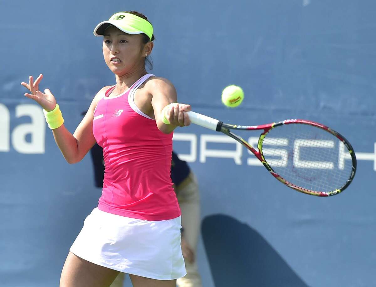 (Peter Hvizdak / Hearst Connecticut Media) New Haven, Connecticut: Saturday, August 19, 2017. Misaki Doi of Japan returns a volley against Christina McHale of the United States during the second qualifying round tennis Saturday at the Connecticut Open at the Connecticut Tennis Center in New Haven.