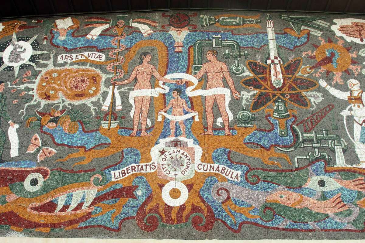 A detail from Juan O'Gorman's mosaic mural "A Confluence of Civilizations in the Americas" features a child born from the meeting of Mesoamerican and European cultures.