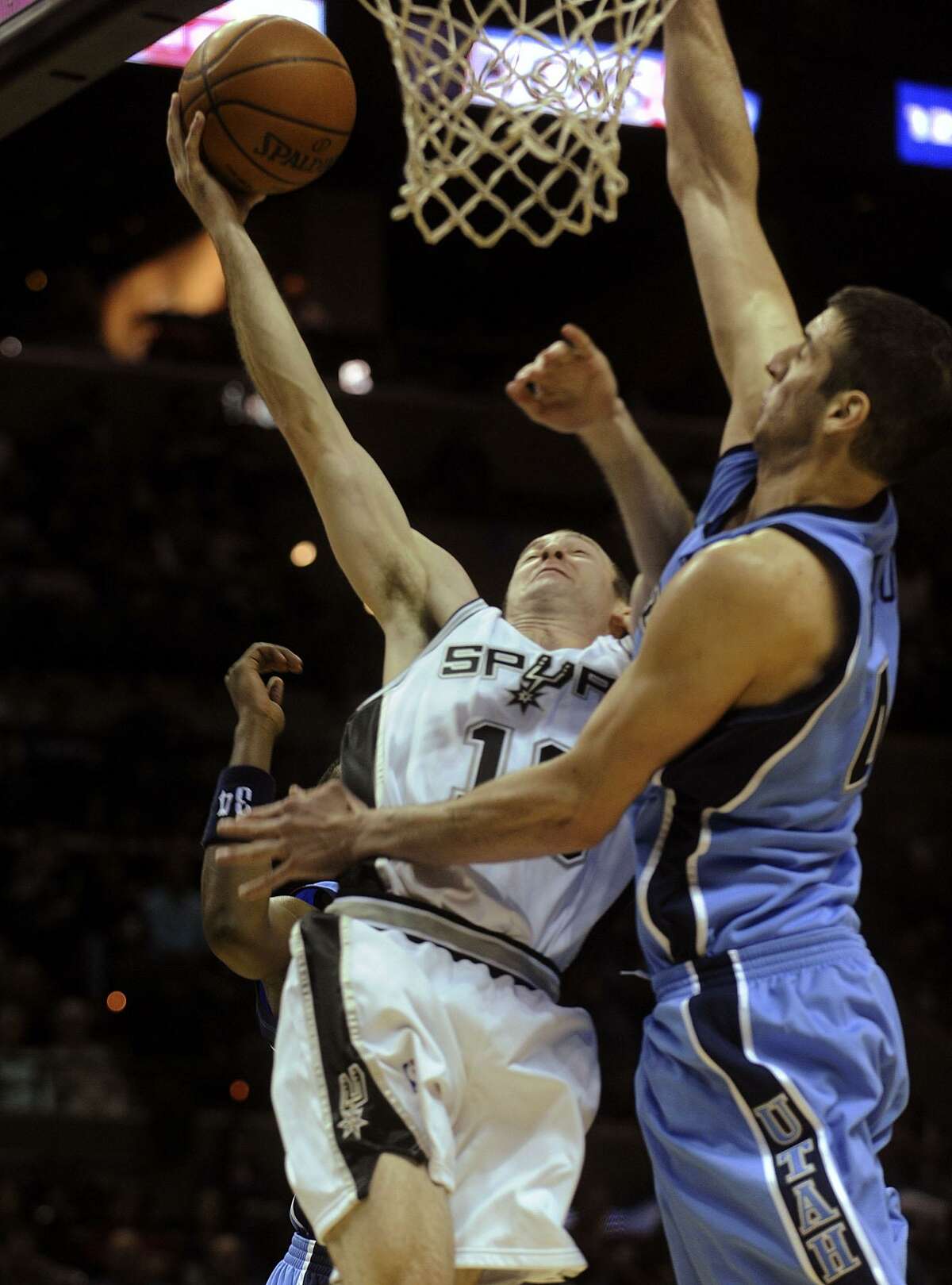 Blake Ahearn (left) plays for the Spurs against Utah in 2008.