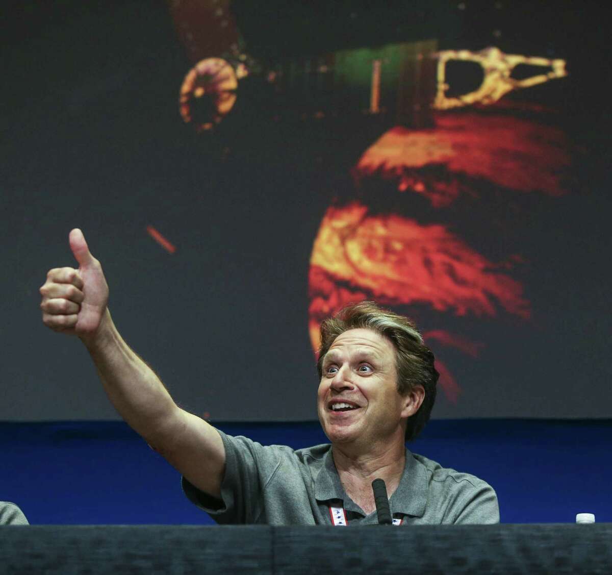 Scott Bolton speaks in a post-orbit insertion briefing at NASA's Jet Propulsion Laboratory following the solar-powered Juno spacecraft entering orbit around Jupiter on Monday, July 4, 2016.