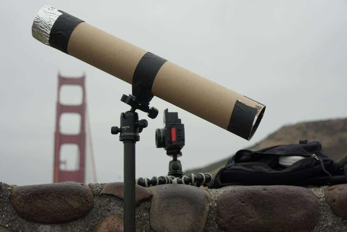 Will Ruby brought a specially-built cardboard tube to the Golden Gate Bridge vista point in hopes of viewing Monday’s partial solar eclipse. The day’s fog blocked the eclipse for much of the Bay Area.