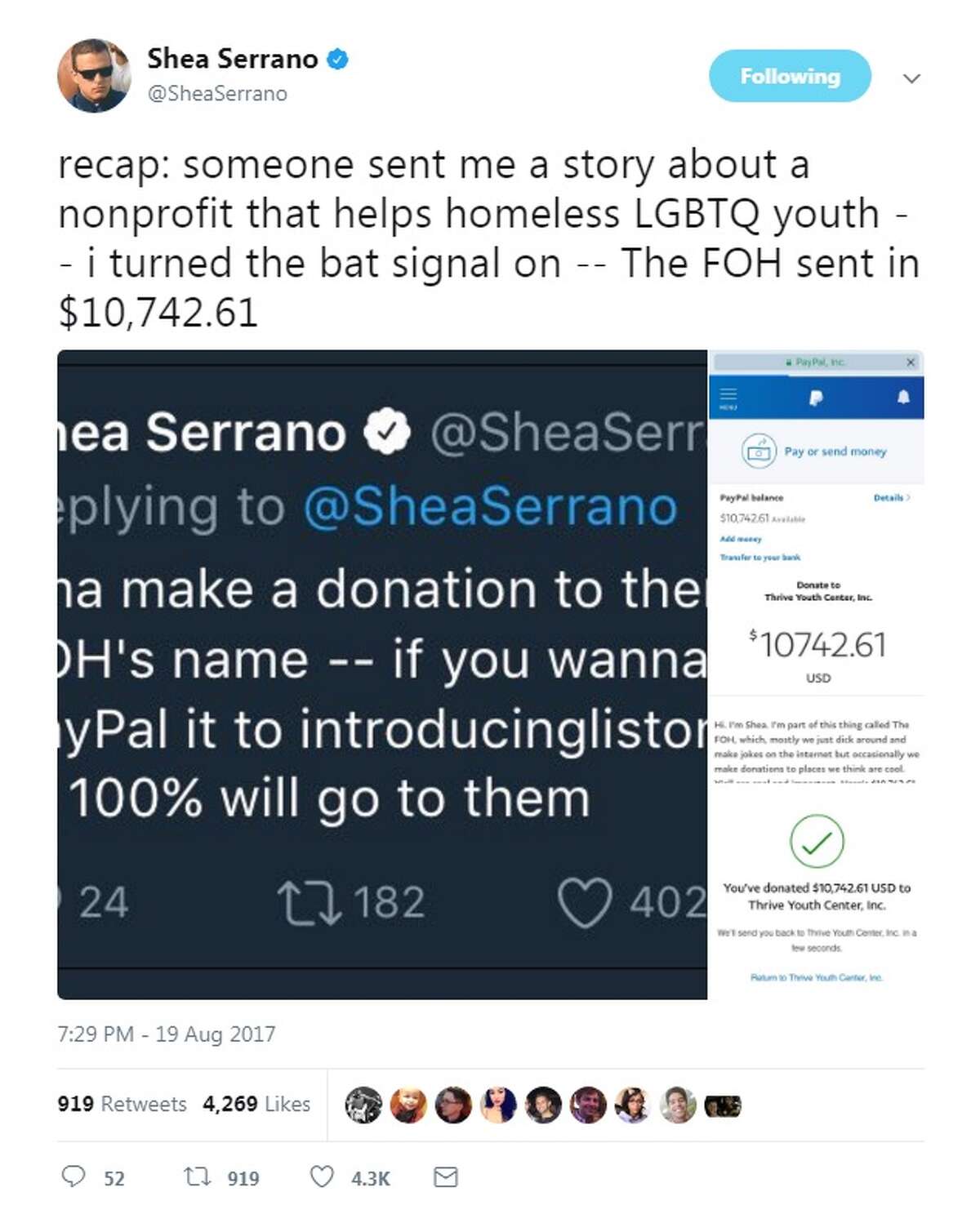 @SheaSerrano: "recap: someone sent me a story about a nonprofit that helps homeless LGBTQ youth -- i turned the bat signal on -- The FOH sent in $10,742.61"