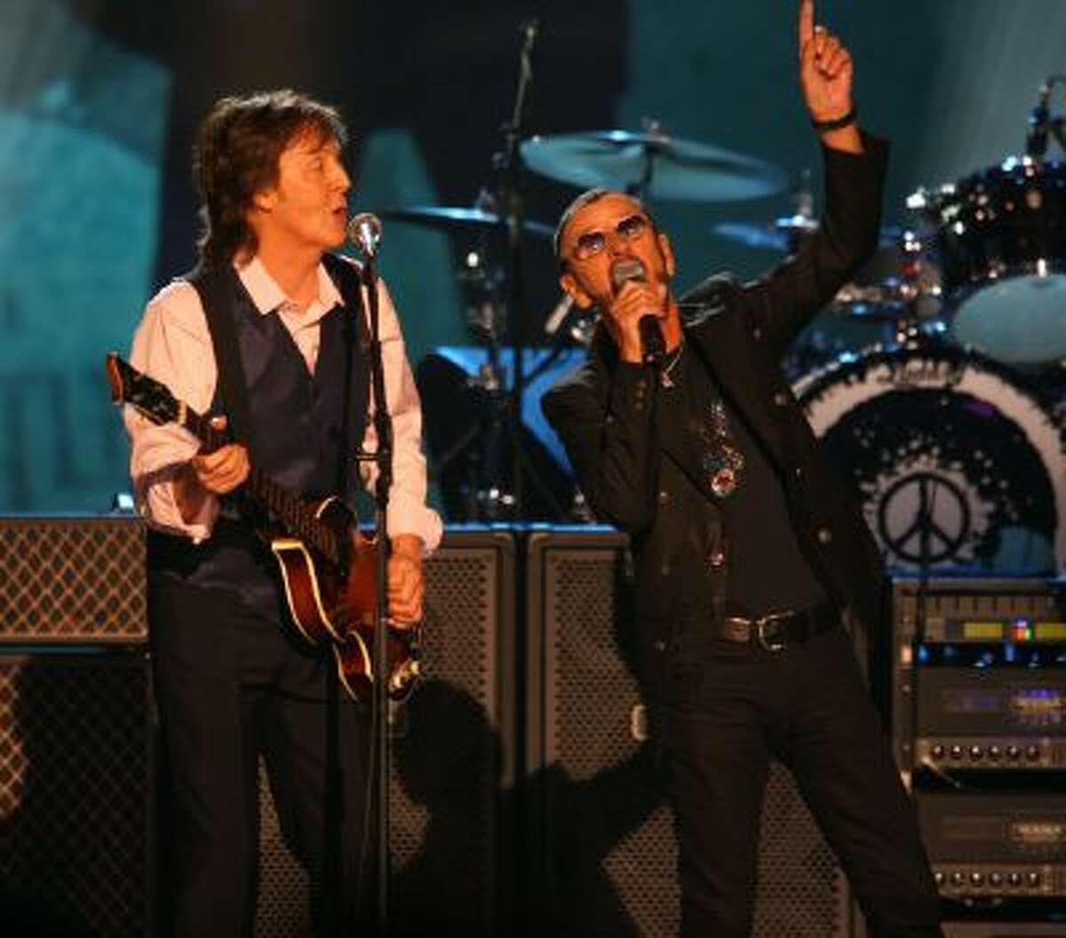 Paul McCartney and Ringo Starr perform at The Night that Changed America: A Grammy Salute to the Beatles, on Monday, Jan. 27, 2014, in Los Angeles.