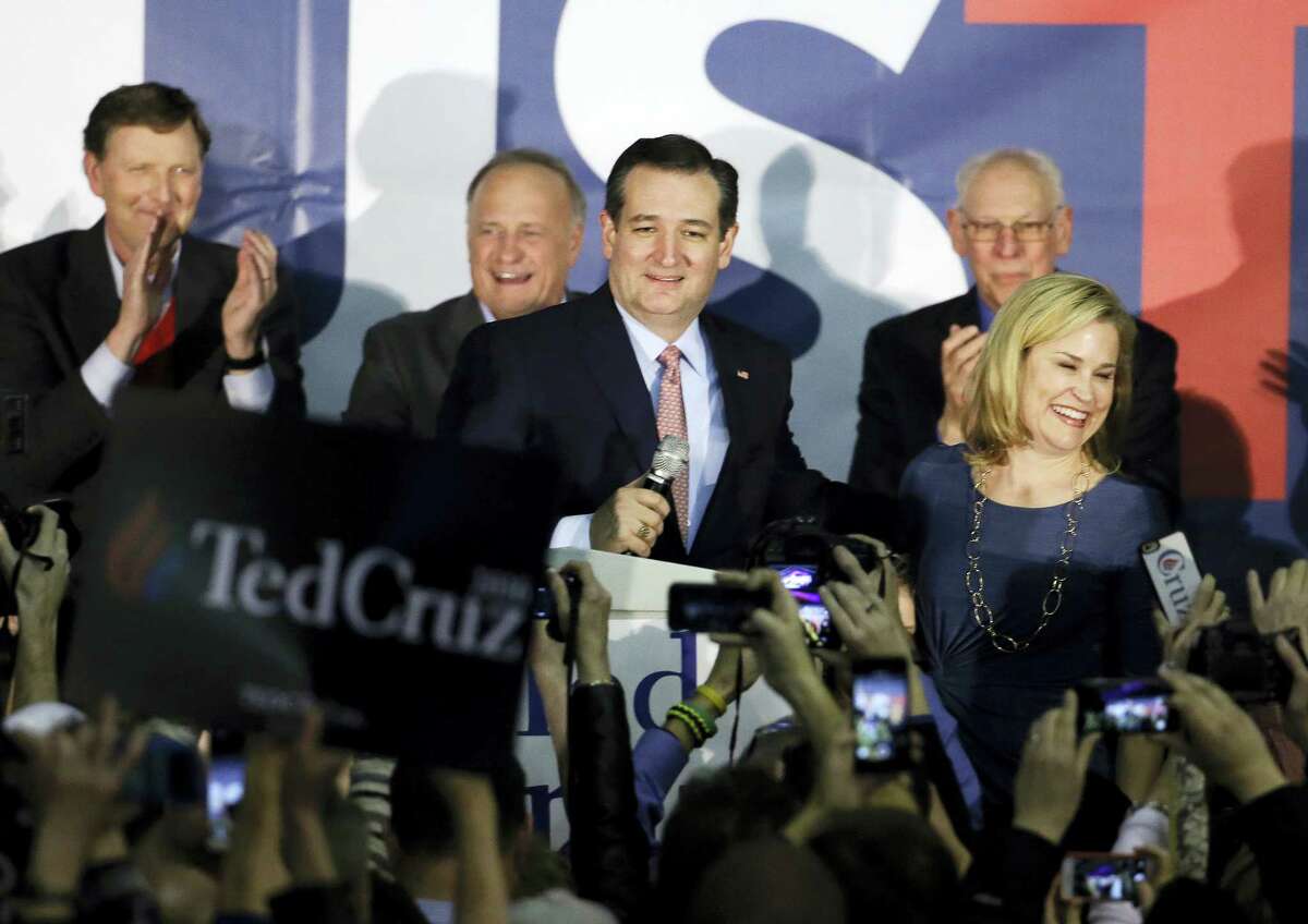 Republican presidential candidate Sen. Ted Cruz, R-Texas, speaks during a caucus night rally Monday in Des Moines, Iowa.