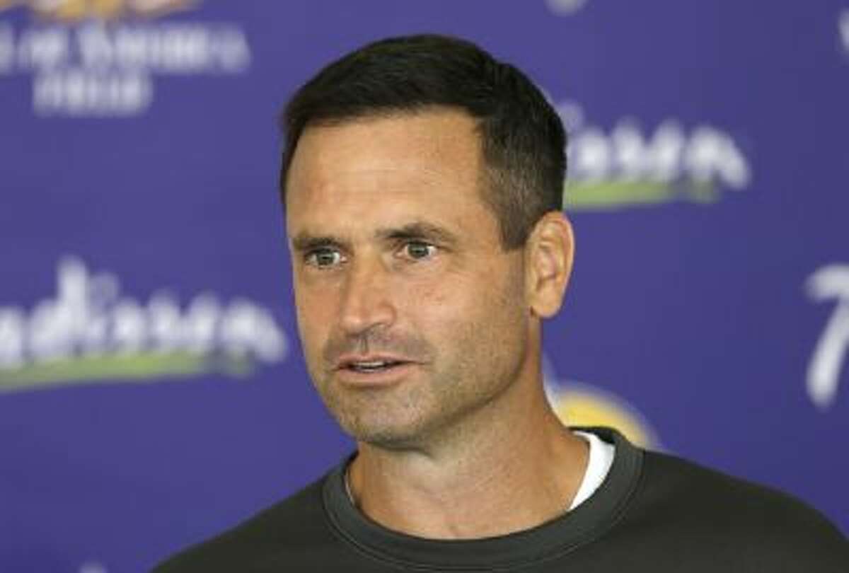 Minnesota Vikings special teams coordinator Mike Priefer speaks to reporters following a July practice.