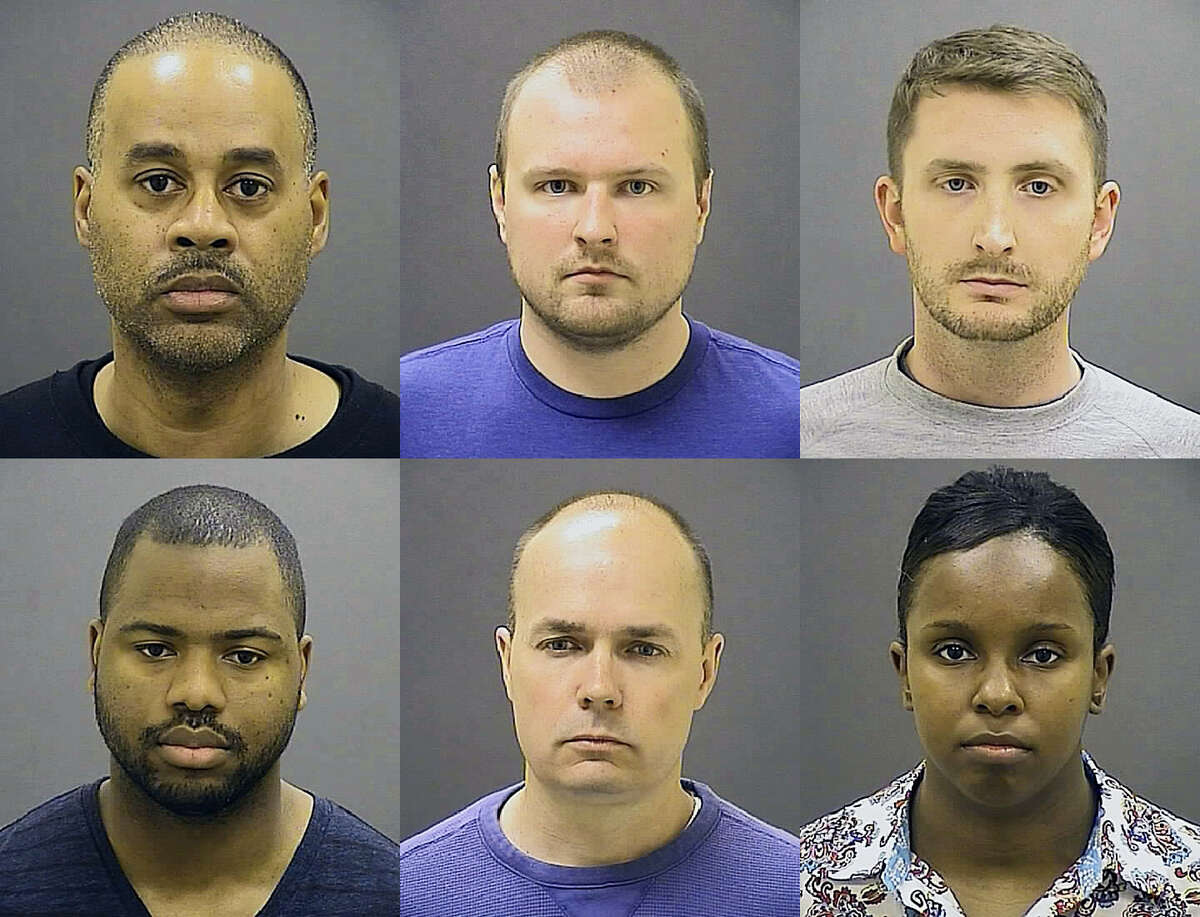 FILE - These undated file photos provided by the Baltimore Police Department show Baltimore police officers, top row from left, Caesar R. Goodson Jr., Garrett E. Miller and Edward M. Nero, and bottom row from left, William G. Porter, Brian W. Rice and Alicia D. White, charged with felonies ranging from assault to murder in the police-custody death of Freddie Gray. While the officers still face charges in Gray's death, not one has been resolved. The first case ended in mistrial and has delayed the remaining trials. (Baltimore Police Department via AP, File)