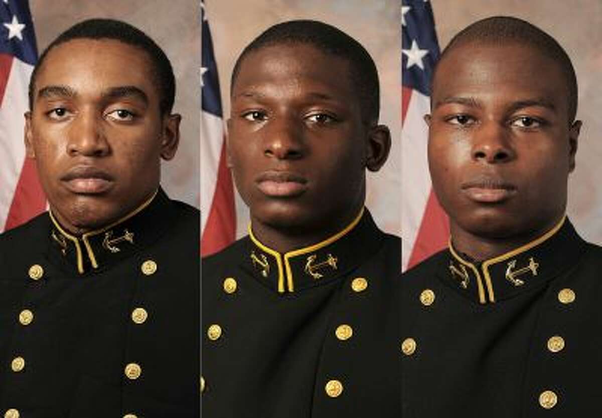 This combination of July, 24, 2013 photos provided by the U.S. Navy football team show, from left, Midshipmen Tra'ves Bush, Josh Tate and Eric Graham. Graham, of Eight Mile, Ala., and Tate, of Nashville, Tenn., will face a court-martial in an alleged sexual assault at an off-campus party in April 2012 while Bush, of Johnston, S.C., will not, the U.S. Naval Academy superintendent said Thursday, Oct 10, 2013. All three midshipmen were former Navy football players. (AP Photo/U.S....