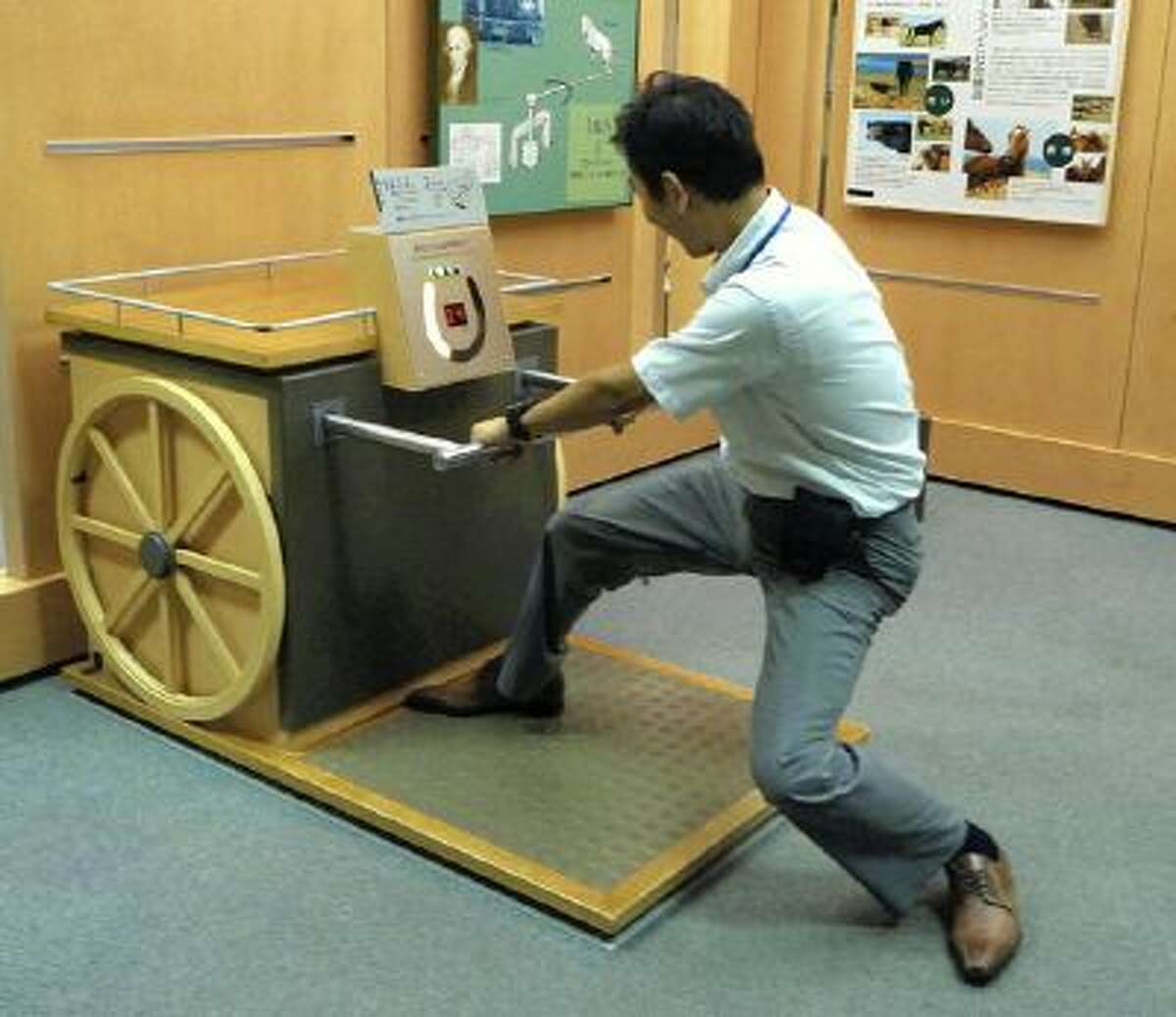An unusual exhibit at the Equine Museum of Japan in Yokohama is a device that can measure people's physical strength in terms of horsepower. One horsepower is equal to the power used to pull 75 kilograms over one meter in one second.