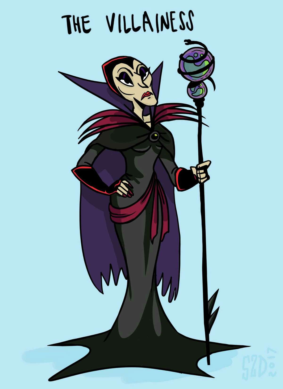 This sketch by Stephanie Delazeri, an animation student at California Institute of the Arts in Santa Clarita, Calif., shows "The Villainess," an archetypal female character. More women are entering the field of animation, and one of their goals is to create more realistic female characters. Cal Arts instructor Erica Larsen-Dockray, who teaches a class on "The Animated Woman," said of The Villainess: While male villains can be any shape or size, female villains almost always are old and unmarried. They have gray hair, wrinkles and harsh makeup. They're hardened and sour and always look stern and angry. Visually, they're typically depicted looking almost bony with sharp lines, including high cheekbones and pointy elbows. (Stephanie Delazeri/California Institute of the Arts via AP)
