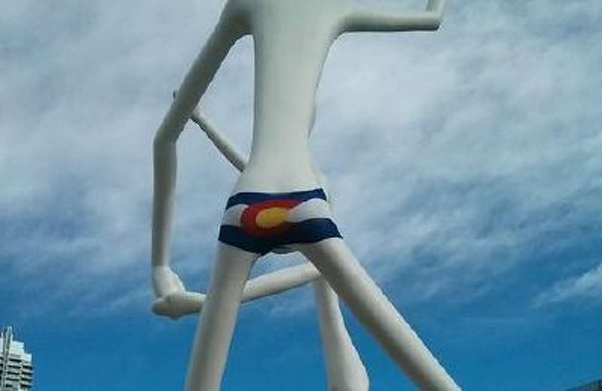 A Denver sculpture wears a Speedo with the state flag made by local artist Kyle Williams who as an artist goes by k-wullums.