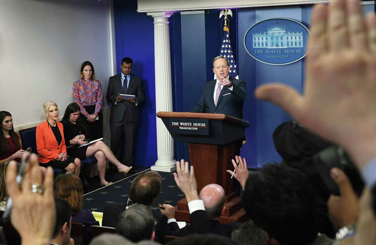 White House Press Secretary Sean Spicer takes questions at a press briefing on Monday. MUST CREDIT: Washington Post photo by Matt McClain