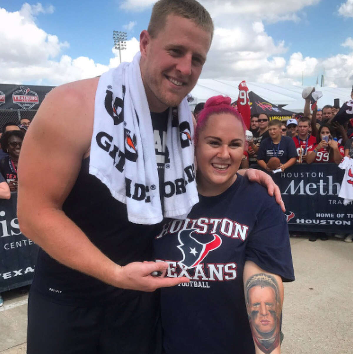 J.J. Watt met a Houston Texans fan that has his face tattooed on her forearm after practice Monday, Aug. 21, 2017.