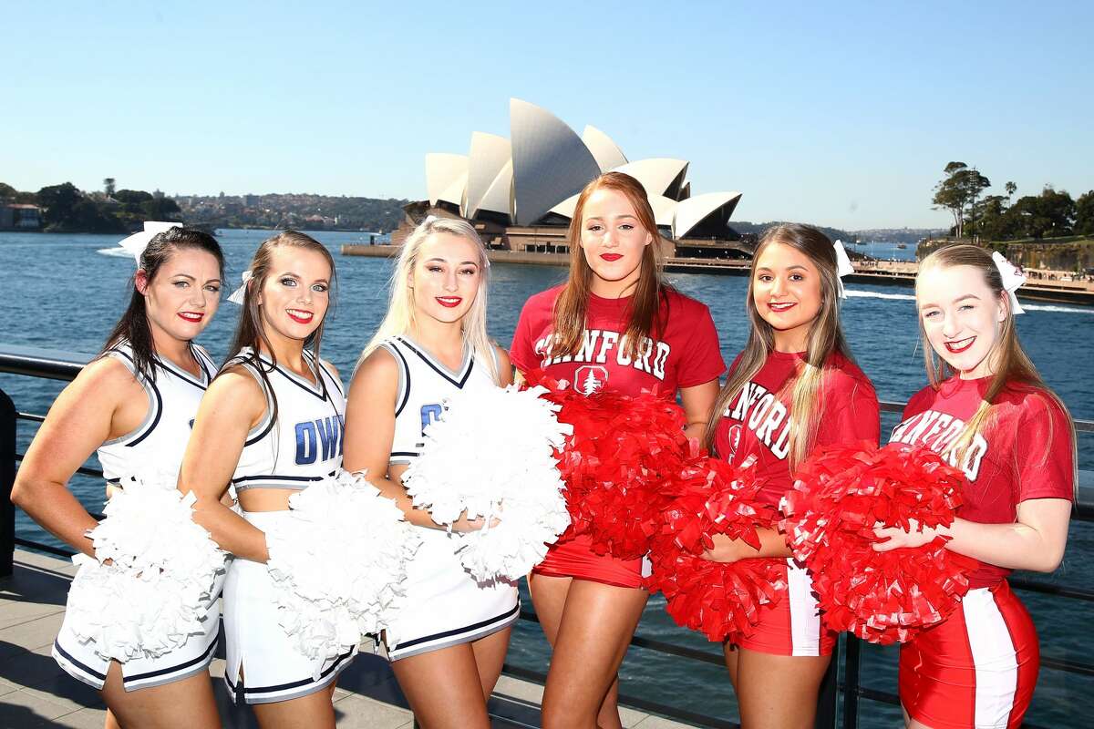 SYDNEY, AUSTRALIA - AUGUST 22: The Rice Owls and Stanford Cardinal cheergirls pose during the 2017 US College Football Sydney Cup Launch at the Sydney overseas passenger terminal on August 22, 2017 in Sydney, Australia. (Photo by Mark Kolbe/Getty Images)