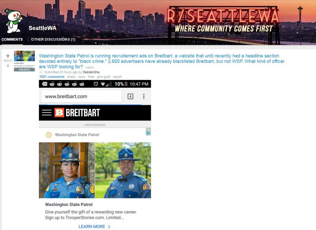 A Reddit post appears to show an ad for Washington State Patrol appearing on the ultra-conservative Breitbart News.