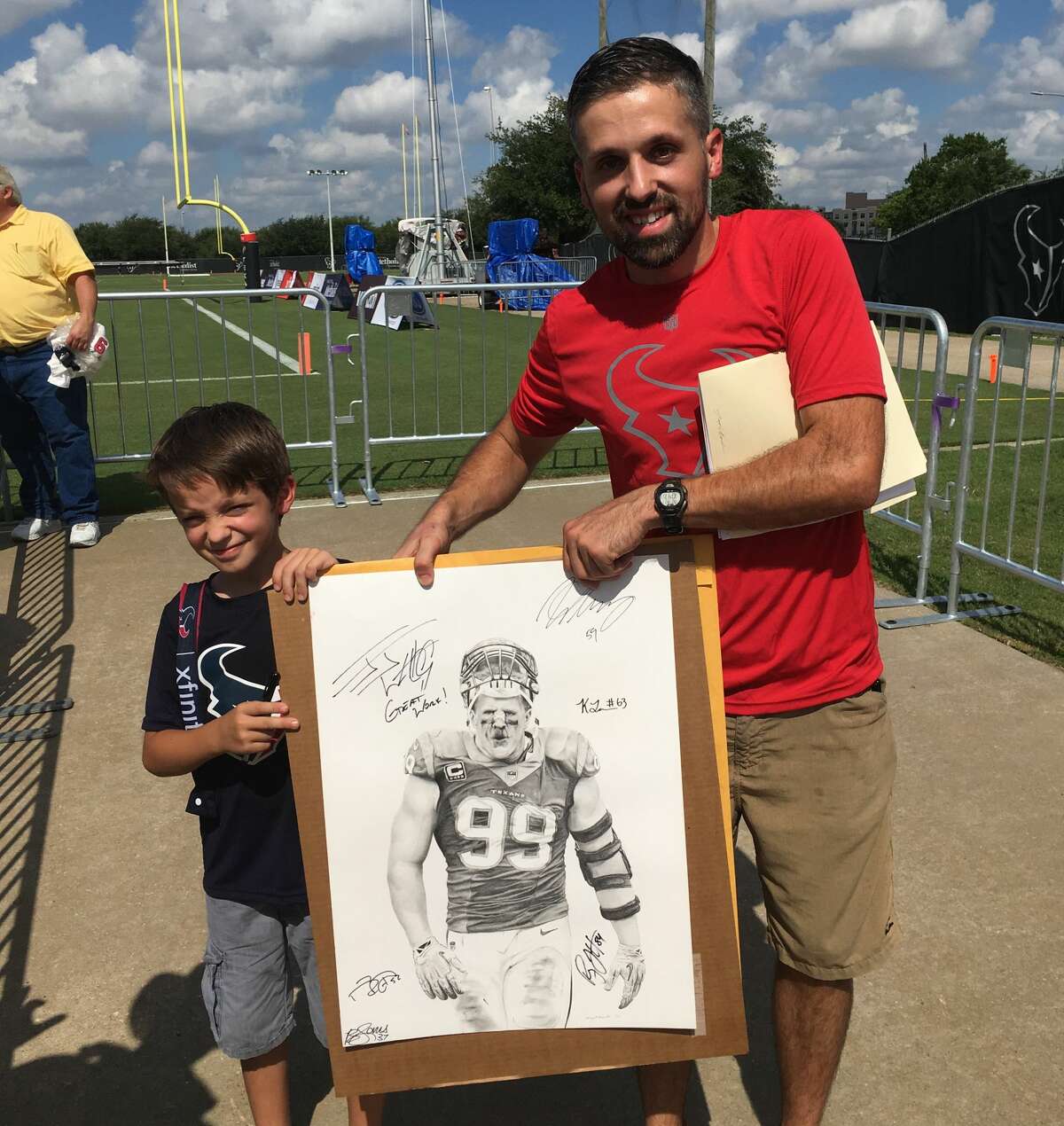 PHOTOS: A look at J.J. Watt at Houston Texans training camp Terry Harman and his son show off his J.J. Watt pencil drawing that he got Watt to autograph after Monday's Houston Texans practice. Browse through the photos above to see J.J. Watt at Houston Texans training camp.