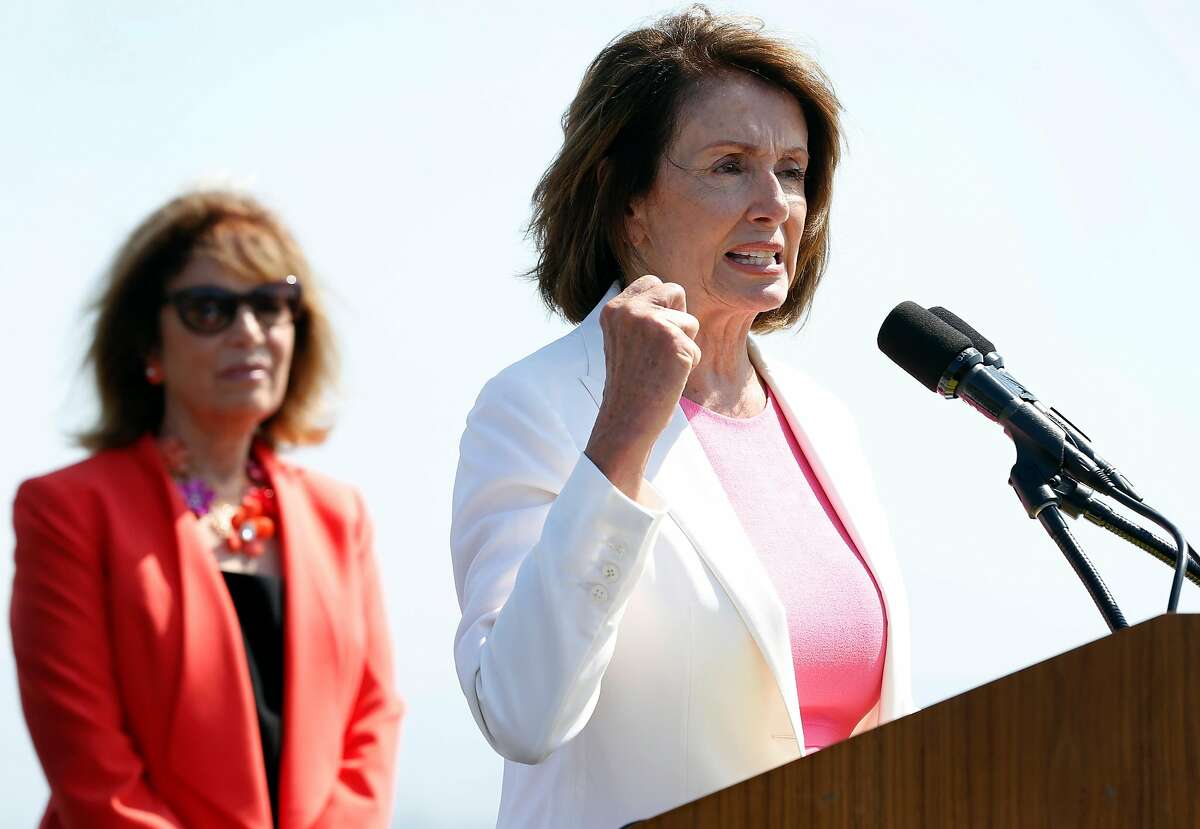 Rep. Nancy Pelosi appears at a news conference with Reps. Jackie Speier (left) and Barbara Lee to launch a Democratic initiative, "A Better Deal" women's economic agenda, in San Francisco, Calif. on Tuesday, Aug. 22, 2017.
