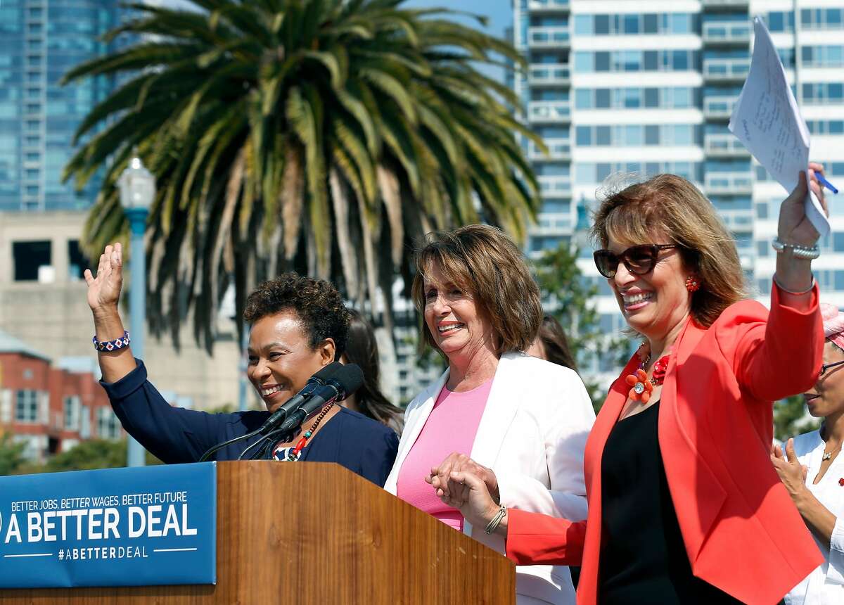Reps. Barbara Lee, Nancy Pelosi and Jackie Speier appear at the podium during a news conference hosted by the Delancey Street Foundation to launch a Democratic initiative, "A Better Deal" women's economic agenda, in San Francisco, Calif. on Tuesday, Aug. 22, 2017.