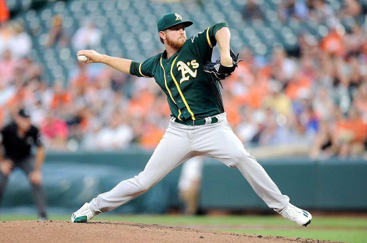 BALTIMORE, MD - AUGUST 22: Paul Blackburn #58 of the Oakland Athletics pitches in the first inning against the Baltimore Orioles at Oriole Park at Camden Yards on August 22, 2017 in Baltimore, Maryland. (Photo by Greg Fiume/Getty Images)