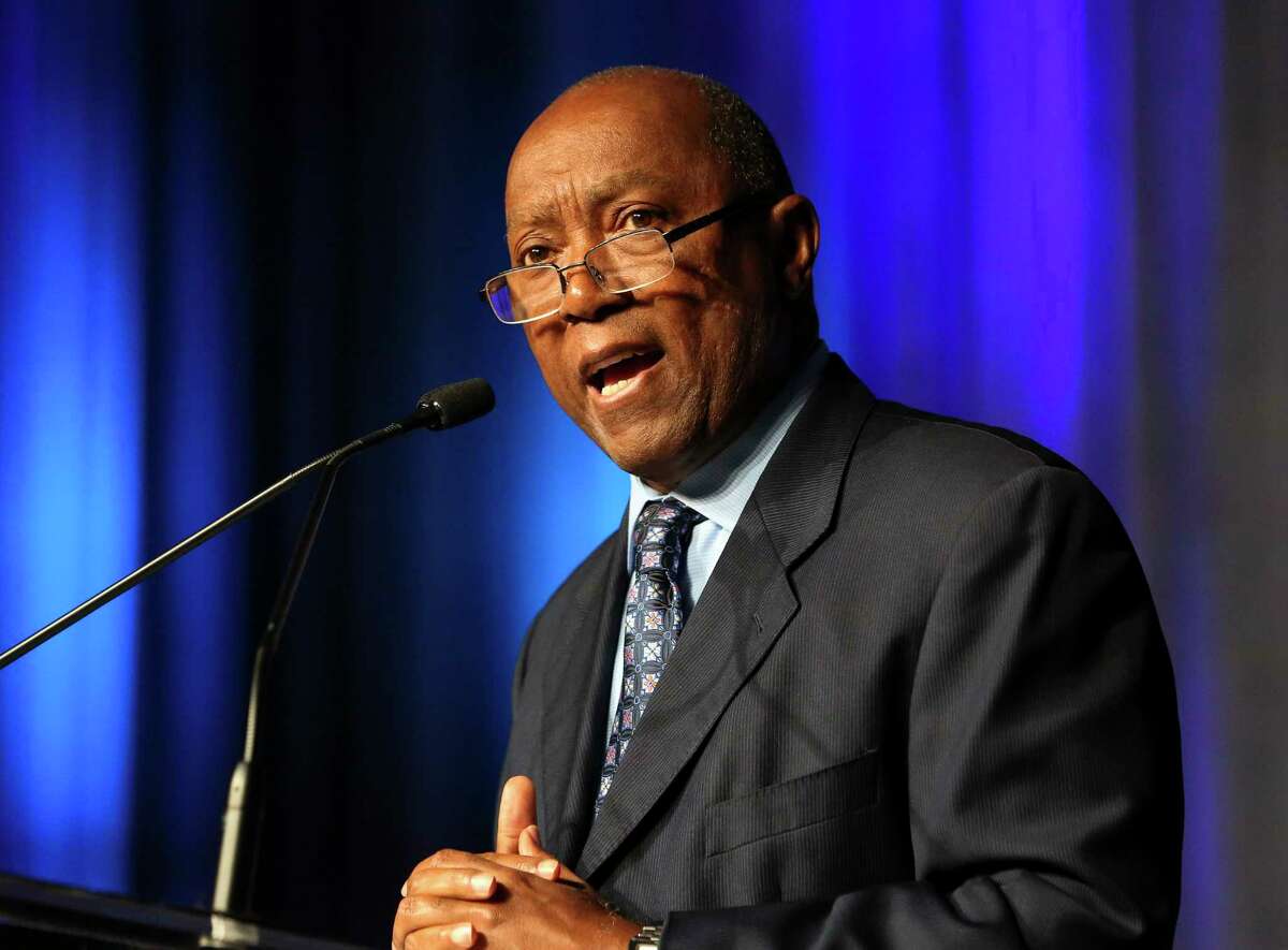 FILE - Mayor Sylvester Turner delivers his annual State of the City address at Marriott Marquis Hotel in Houston, Texas in May 2017. Wednesday, Turner revealed some persons had suggested the city should take over HISD in the face of crippling state sanctions.