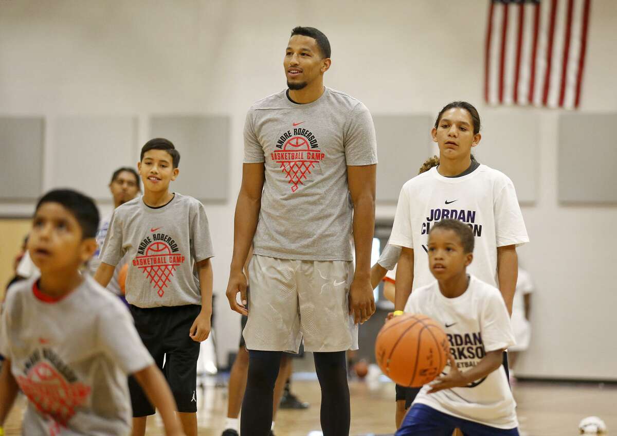 Oklahoma City Thunder’s Andre Roberson shoots baskets during a dual basketball clinic with Los Angeles Lakers’ Jordan Clarkson (not pictured) on Aug. 4, 2017 at Veterans Memorial High School in San Antonio.