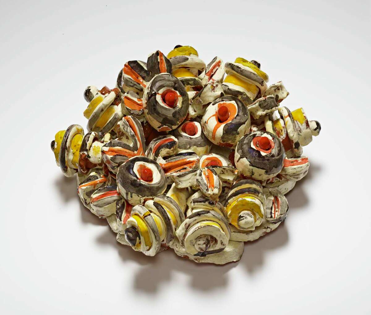 "Classical Order - Red, Yellow, Orange Enamel" is among works included in "Annabeth Rosen: Fired, Broken, Gathered, Heaped" at the Contemporary Arts Museum Houston.﻿