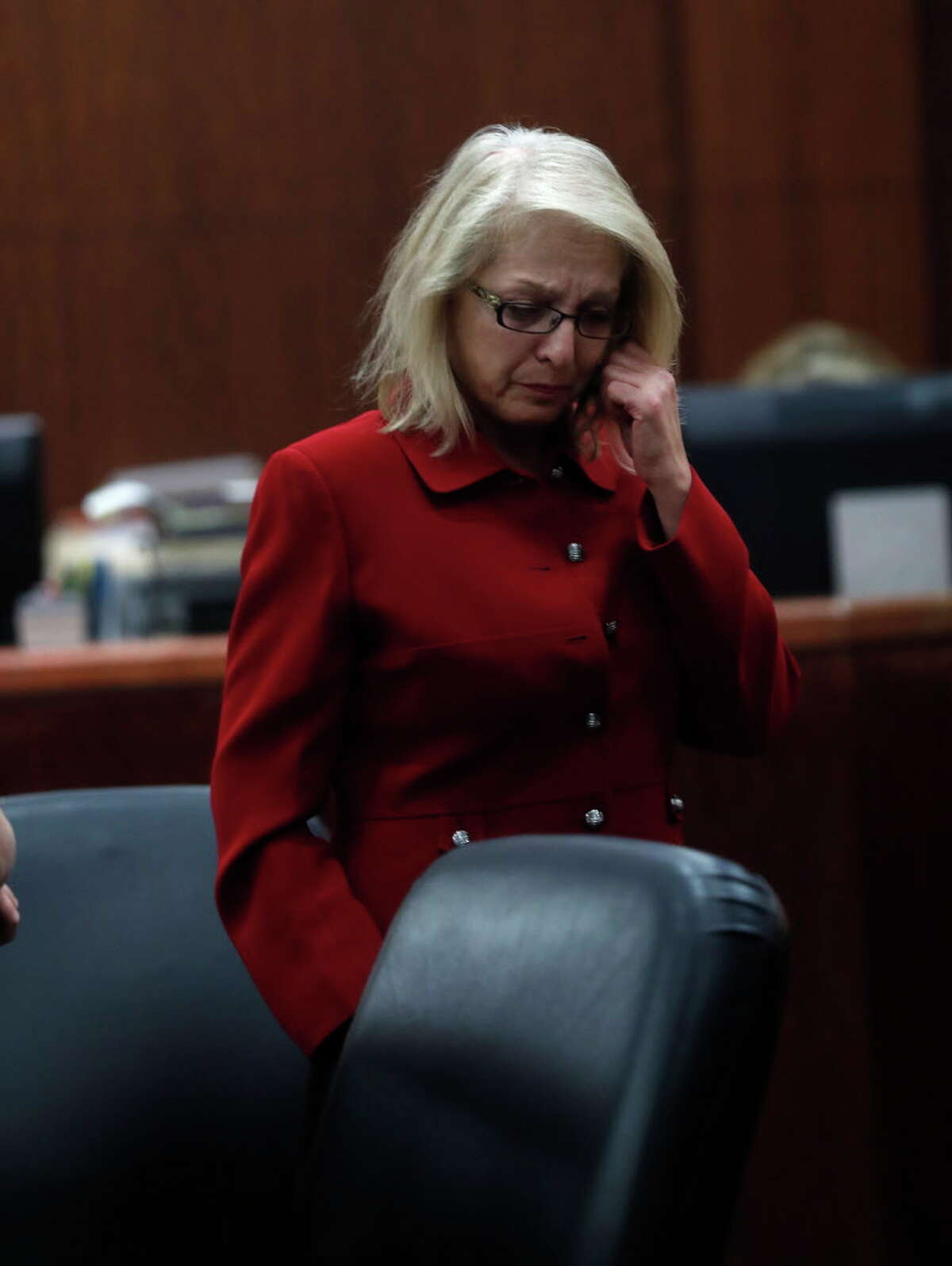 Sandra Melgar reacts after being convicted in the murder of her husband at the Criminal Courthouse, Wednesday, Aug. 23, 2017, in Houston.
