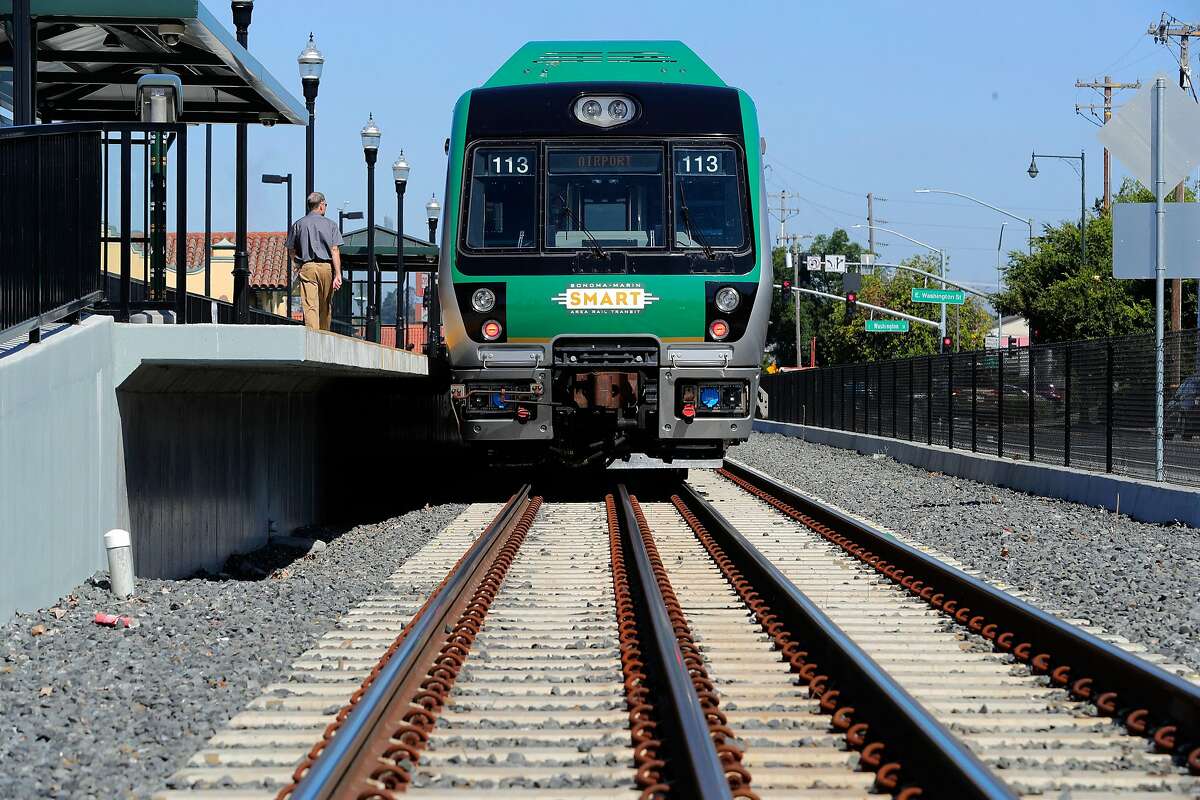 The SMART train as it prepares to leave the Petaluma train station en-route to the San Rafael station on a demonstration run on Wednesday June 28, 2017 in Petaluma, Ca.