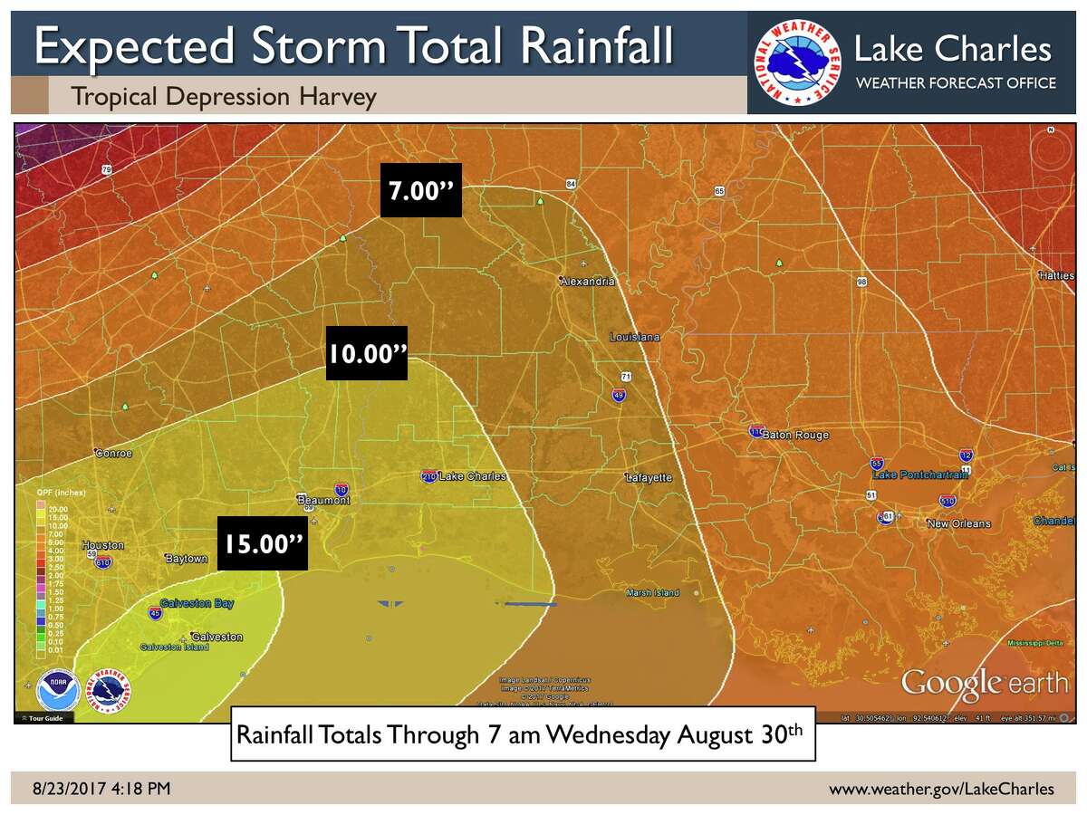 Southeast Texas could see 10 to 15 inches of rain from Tropical Depression Harvey this weekend. Map: National Weather Service