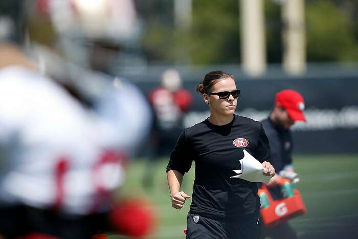 San Francisco 49ers offensive assistant coach Katie Sowers during practice  in preparation for Super Bowl LIV at the SAP Performance Center, Friday,  Jan. 24, 2020, in Santa Clara, California. (Photo by IOS/ESPA-Images