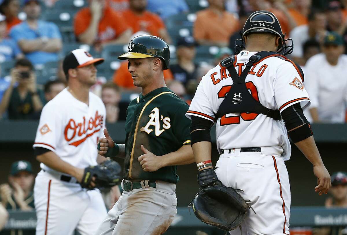 Oakland Athletics' Boog Powell, center, runs past Baltimore Orioles catcher Welington Castillo, right, and relief pitcher Zach Britton for the game-tying run on Matt Joyce's sacrifice fly ball in the ninth inning of a baseball game in Baltimore, Wednesday, Aug. 23, 2017. Baltimore won 8-7 in 12 innings. (AP Photo/Patrick Semansky)