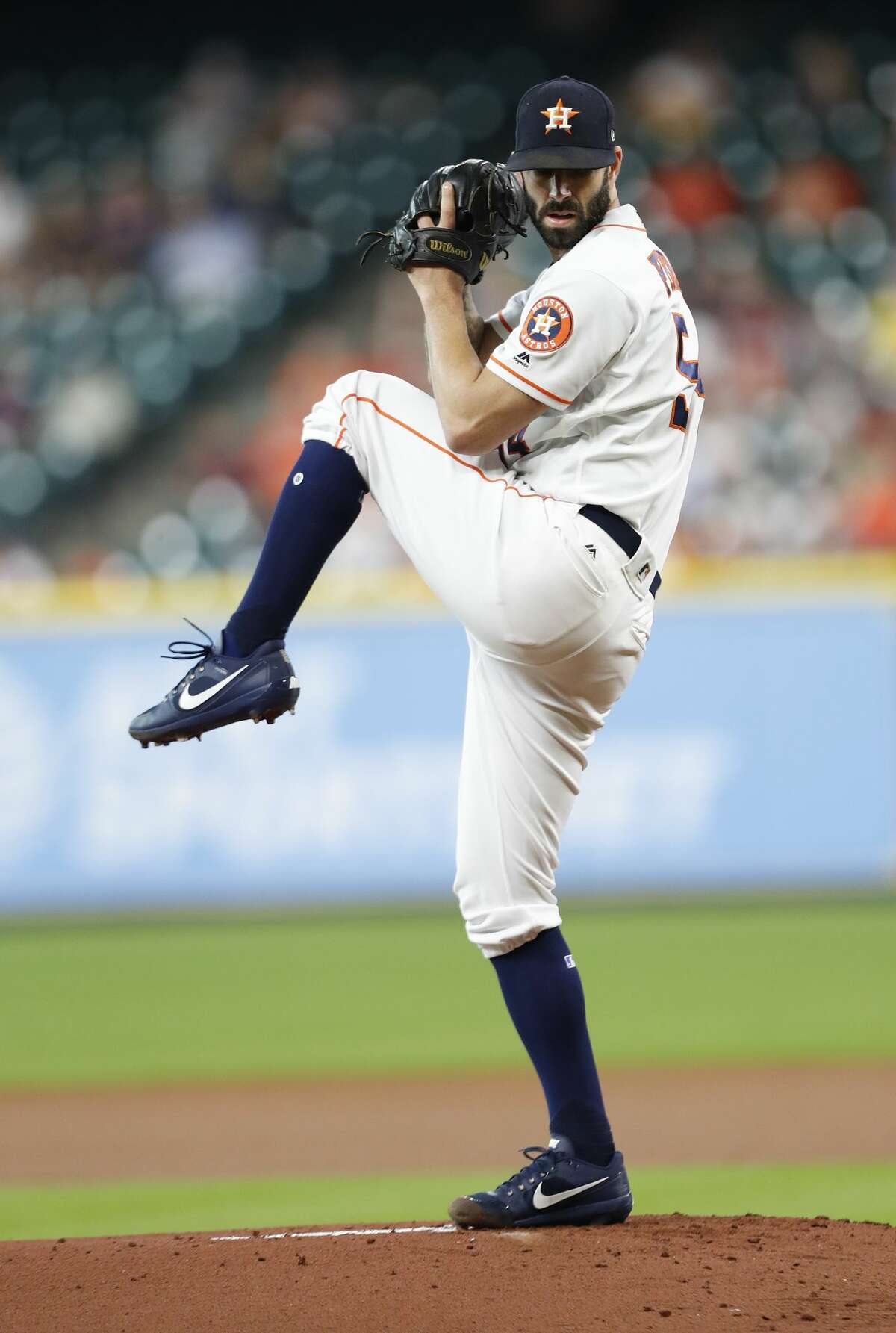 Houston Astros starting pitcher Mike Fiers (54) pitches in the first inning of an MLB baseball game at Minute Maid Park, Wednesday, Aug. 23, 2017, in Houston. ( Karen Warren / Houston Chronicle )