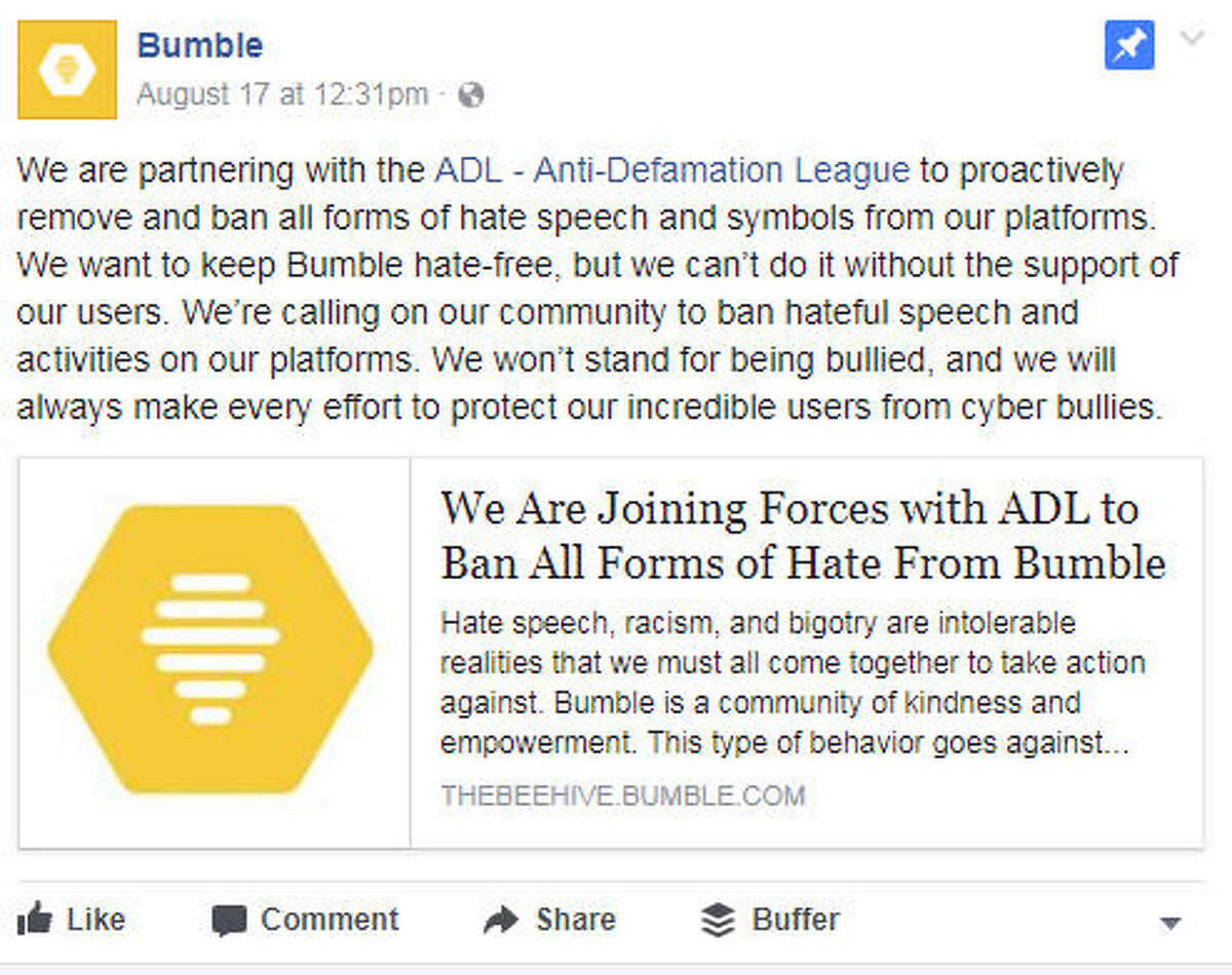 Bumble said hate speech and symbols will be banned from its websites and platforms. Image source: Facebook