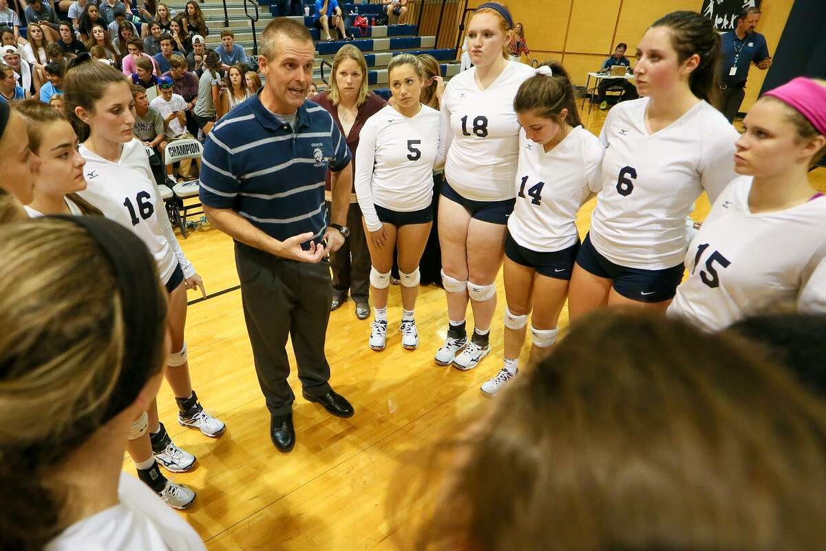 Boerne Champion coach Troy Errington talks to his team during a timeout in a District 27-5A volleyball match against Alamo Heights on Oct. 20, 2015.