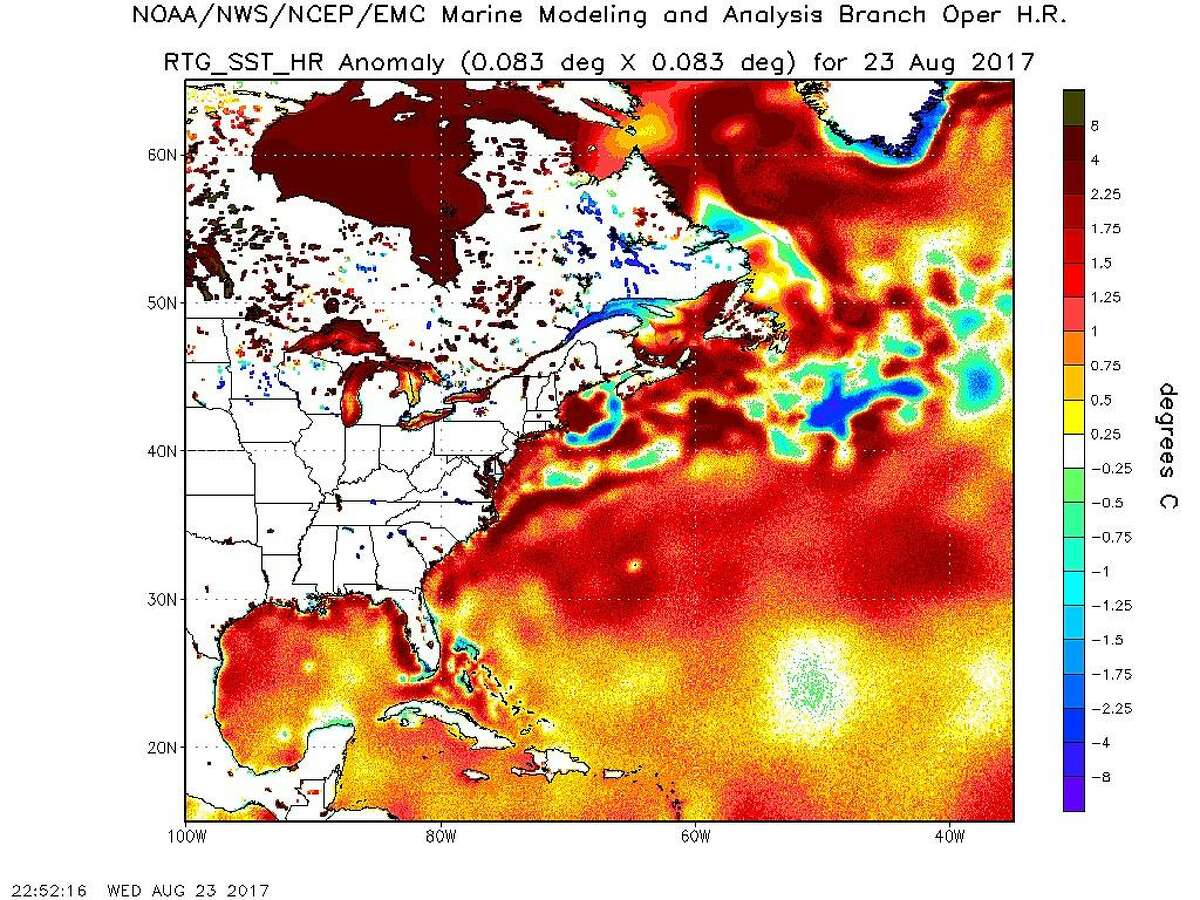 A National Oceanic and Atmospheric Administration map for Wednesday shows sea surface temperatures of 1.8 to 3.15 degrees Fahrenheit above normal.