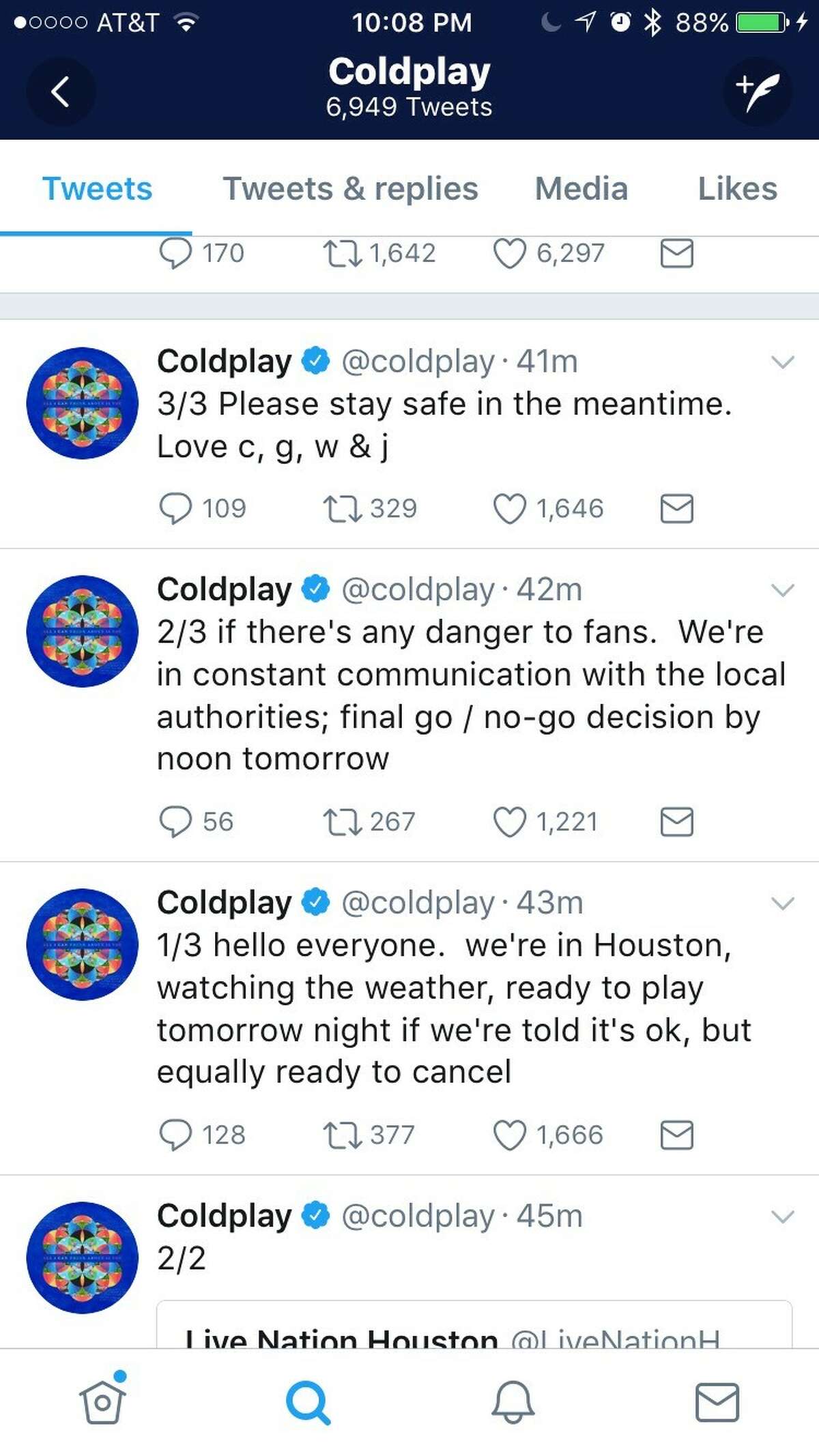 Coldplay tweeted Thursday evening about its Houston show.