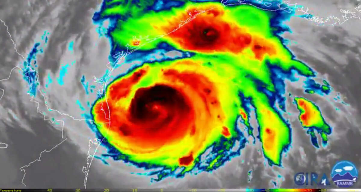 Infrared imagery from the NOAA's satellite shows Hurricane Harvey approaching the Texas coastline on Aug. 25, 2017.