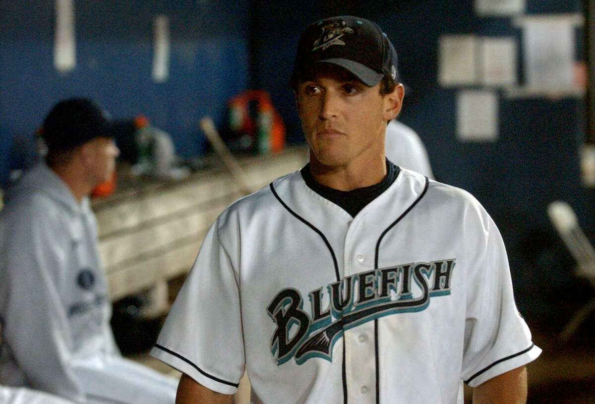 Adam Greenberg in the dugout during his Bridgeport Bluefish days in 2011.