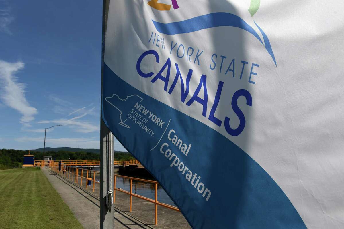A New York Canal Corporation flag flies at Lock E5 on the Erie Canal on Thursday, Aug. 17, 2017, in Waterford, N.Y. (Will Waldron/Times Union)