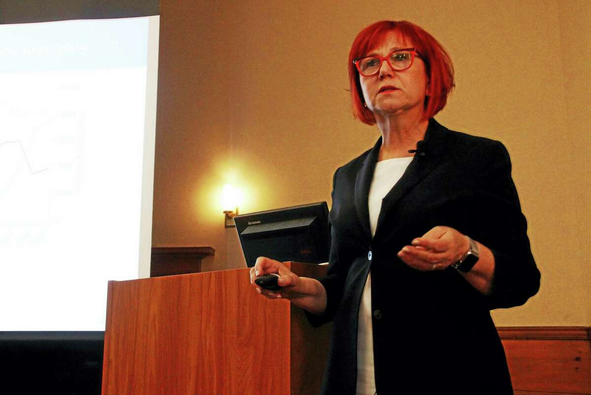 Yale School of Medicine Department of Emergency Medicine chairwoman Dr. Gail D’Onofrio speaks during an expert’s symposium on the opioid crisis on Tuesday, June 13, at Yale University’s School of Medicine in New Haven.