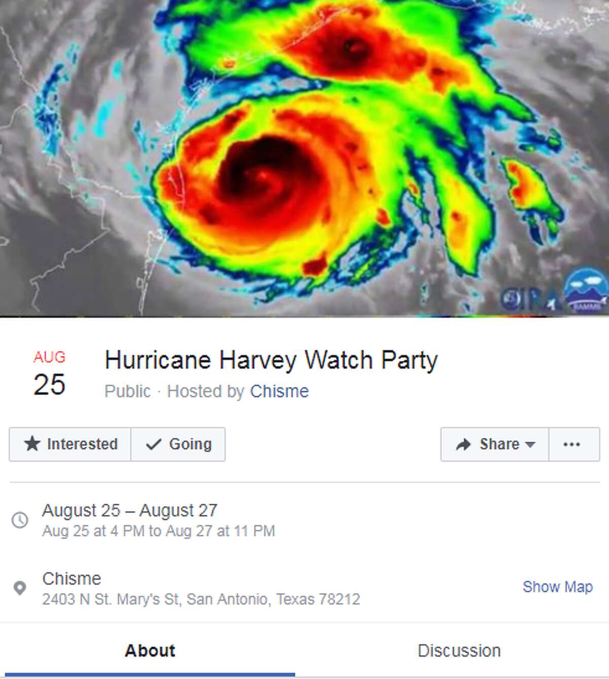 Chisme's Hurricane Harvey Watch Party "Join us at Chisme all weekend for a Hurricane Harvey Watch Party with $7 Hand Crafted Hurricanes and food specials," a Facebook event page reads.