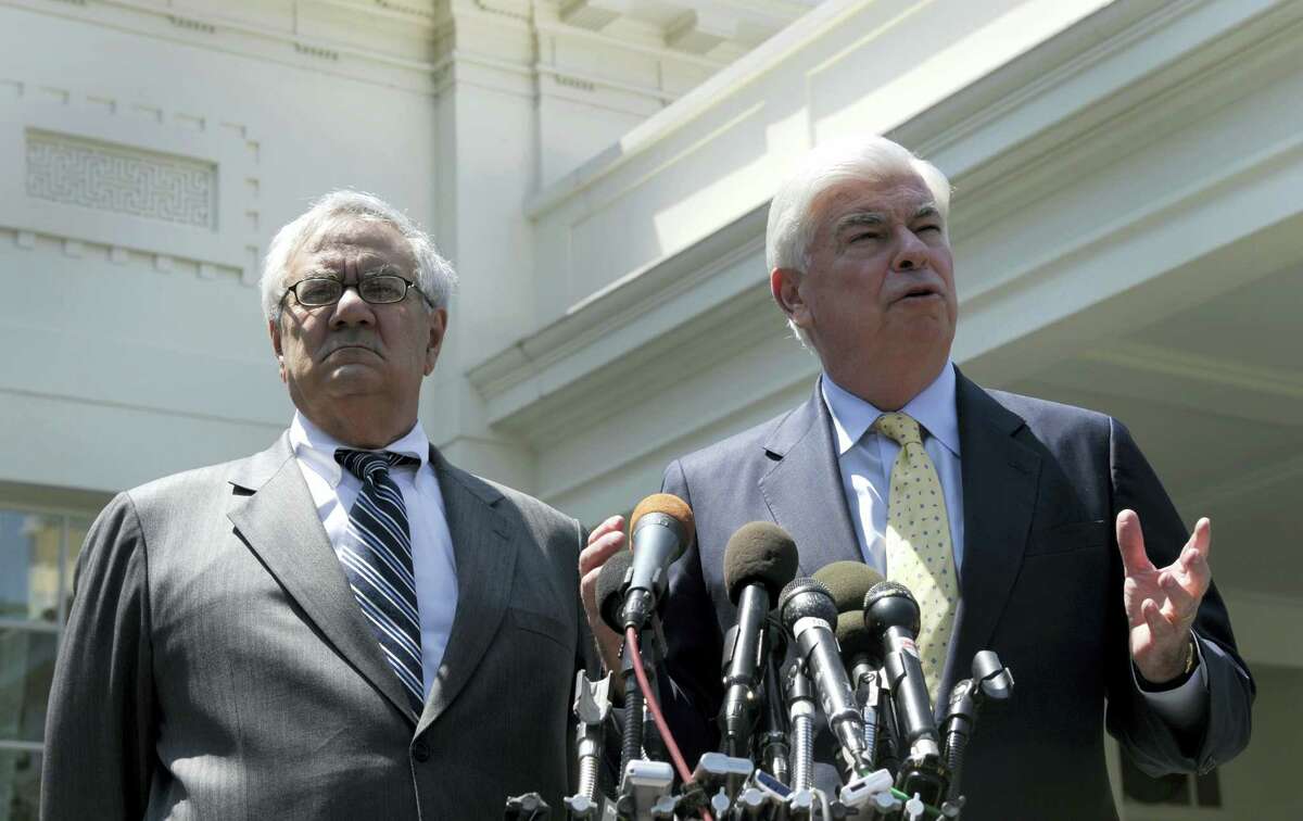 In this May 21, 2010, file photo, then-Senate Banking Committee Chairman Sen. Christopher Dodd, D-Conn., right, and then- House Financial Services Committee Chairman Rep. Barney Frank, D-Mass., speak to reporters outside the White House in Washington, after their meeting with President Barack Obama. House Republicans headed toward a vote June 8, 2017, on dismantling sweeping financial rules established under Obama that were designed to head off economic meltdowns. Republicans are arguing that the many requirements imposed under what is known as the Dodd-Frank Act have actually harmed economic growth by making it harder for consumers and businesses to get credit.