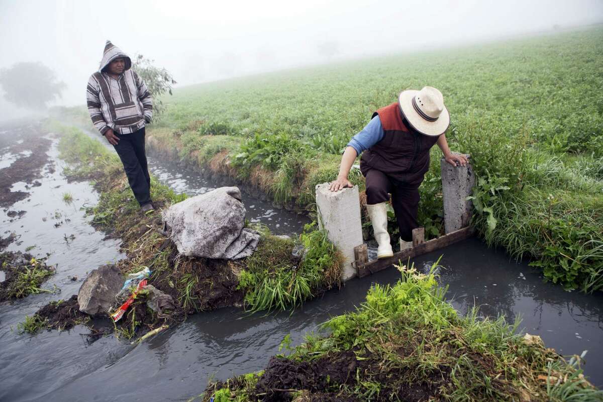 A worker dams off a canal to divert wastewater onto a field where corn will be planted, in Santa Ana Ahuehuepan, north of Tula, Hidalgo state, Mexico.