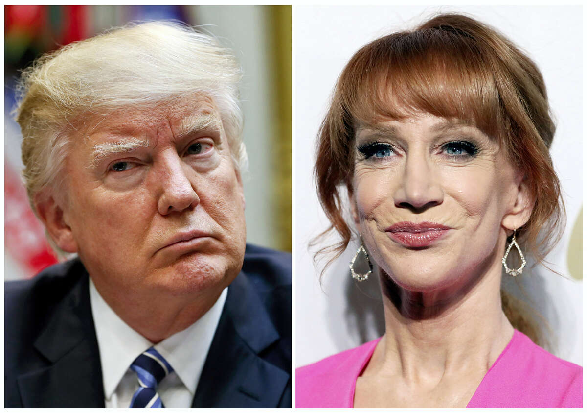 In this combination photo, President Donald Trump appears in the White House in Washington on March 13, 2017, left, and comedian Kathy Griffin appears at the Clive Davis and The Recording Academy Pre-Grammy Gala in Beverly Hills, Calif. on Feb. 11, 2017. Griffin and her attorney have scheduled a news conference for Friday, June 2, 2017, to discuss the fallout from the comedian posing with a likeness of Trump’s bloody, severed head. The images prompted CNN to fire Griffin from her decade-long gig hosting a New Year’s Eve special she had co-hosted with Anderson Cooper. Griffin apologized within hours of the images appearing online on Tuesday. They were met with swift and widespread condemnation.