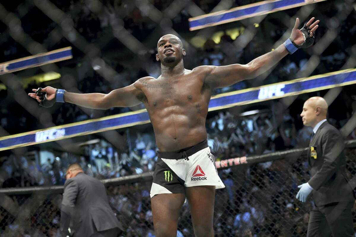 Jon Jones reacts after knocking out Daniel Cormier during UFC 214 in Anaheim, Calif. on Saturday July, 29, 2017.