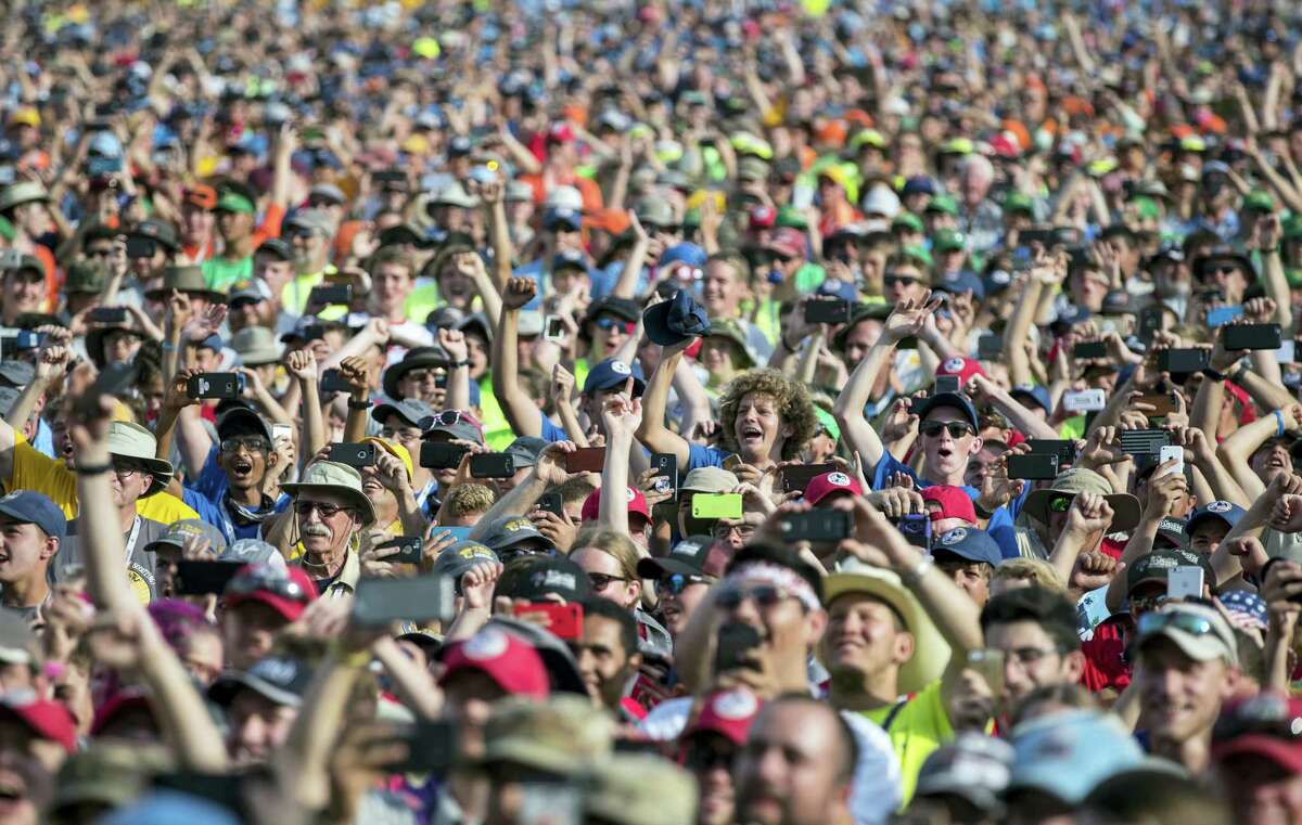 The crowd cheers as President Donald Trump speaks at the 2017 National Scout Jamboree in Glen Jean, W.Va., Monday, July 24, 2017.