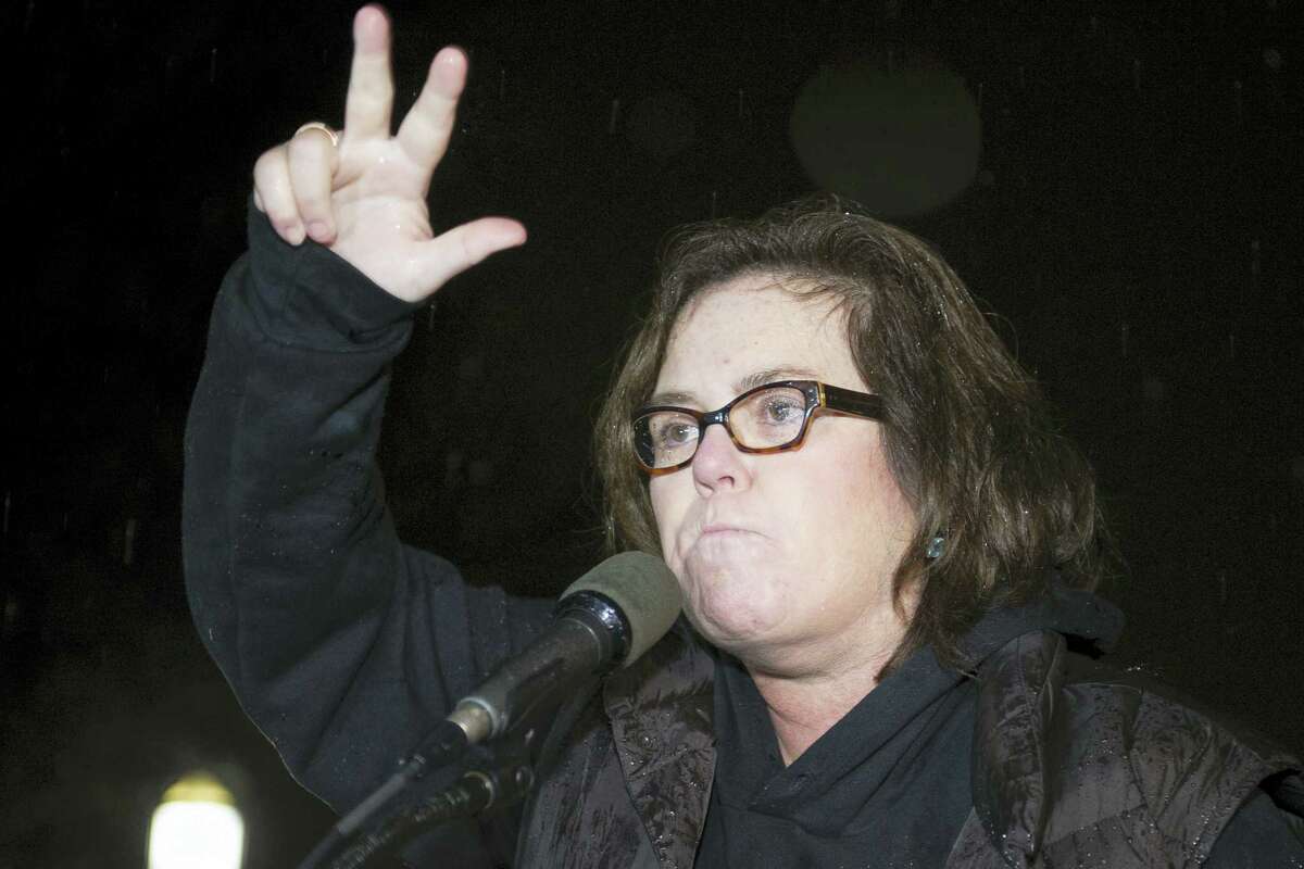 In this Feb. 28, 2017, file photo, Rosie O’Donnell speaks at a rally calling for resistance to President Donald Trump in Lafayette Park in front of the White House in Washington, prior the president’s address to a joint session of Congress. Conservative blogs are criticizing O’Donnell after she tweeted a link to an online game July 15, 2017, where players can lead President Trump off a cliff.