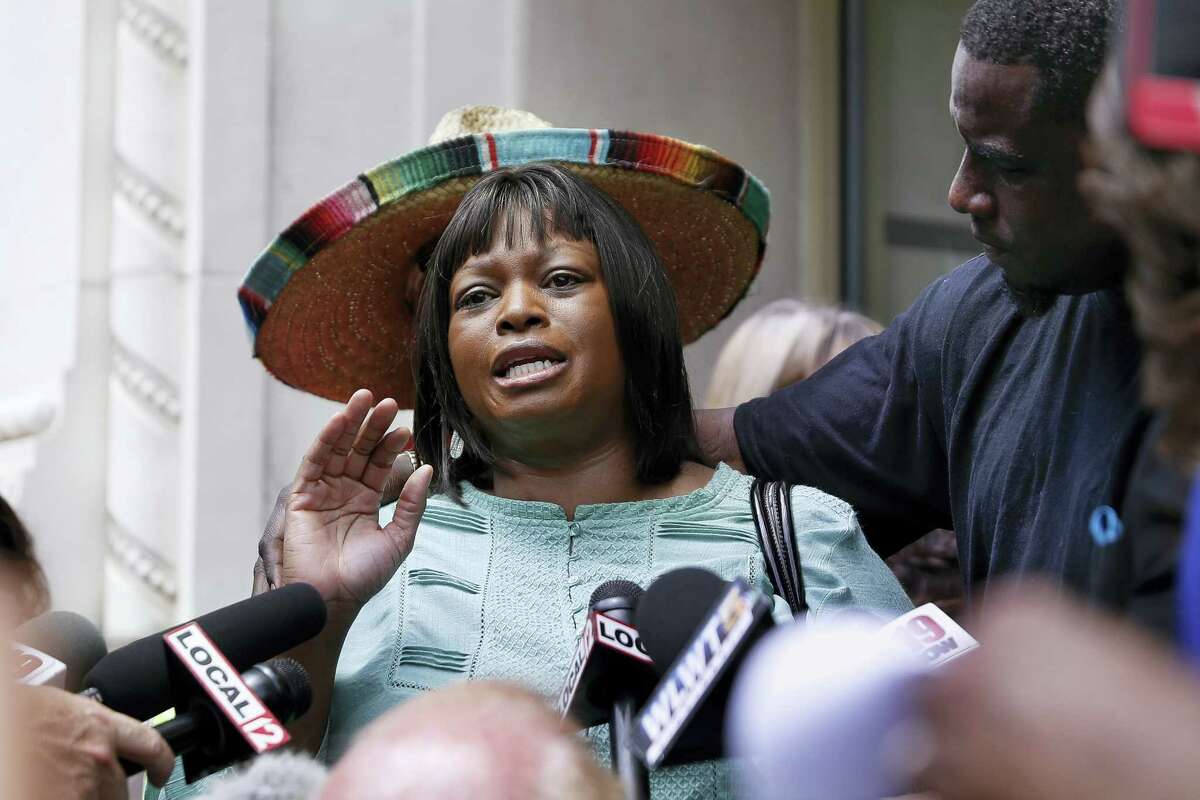Terina Allen, sister of Samuel DuBose, speaks to the media after Hamilton County Prosecutor Joseph Deters announced during a news conference his decision to not pursue a third trial of former University of Cincinnati police officer Ray Tensing for murder in the death of DuBose, Tuesday, July 18, 2017, in Cincinnati.