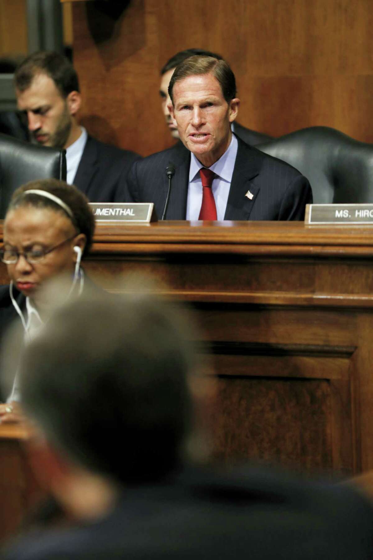 Senate Judiciary Committee member Sen. Richard Blumenthal, D-Conn. questions FBI Director nominee Christopher Wray on Capitol Hill in Washington, Wednesday, July 12, 2017, during Wray’s confirmation hearing before the committee.